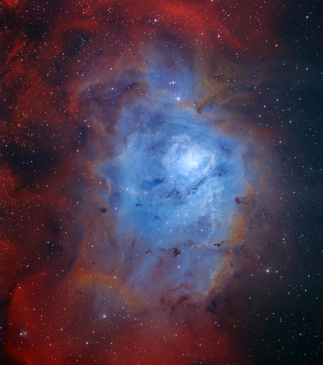 Messier 8 (M8) - The Lagoon Nebula by Kat Miller. Taken with a ZWO ASI533MM Pro cooled monochrome camera, SkyWatcher Quattro 150P Newtonian reflector telescope, and an Saxon NEQ6 Pro equatorial mount.