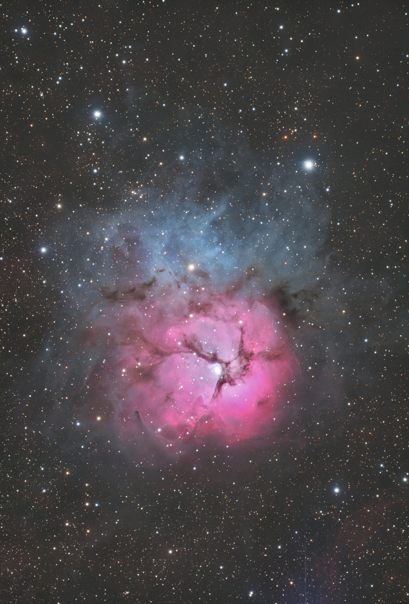 Messier 20 (M20) - The Trifid Nebula by Dennis Sprinkle. Taken with a ZWO ASI294MM Pro cooled monochrome camera, Celestron EdgeHD 8 inch Schmidt Cassegrain telescope, and an Astrophysics Mach1 GTO Mount.