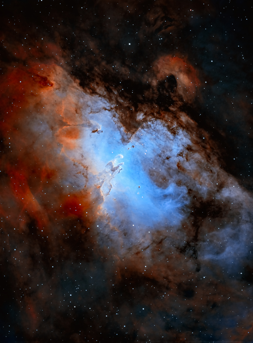 Messier 16 (M16) - The Eagle Nebula by Isaac Garfinkle. Taken with a ZWO ASI2600MM Pro cooled monochrome camera, GSO 10 inch Ritchey-Chretien telescope, and an Astrophysics 1200GTO Mount.