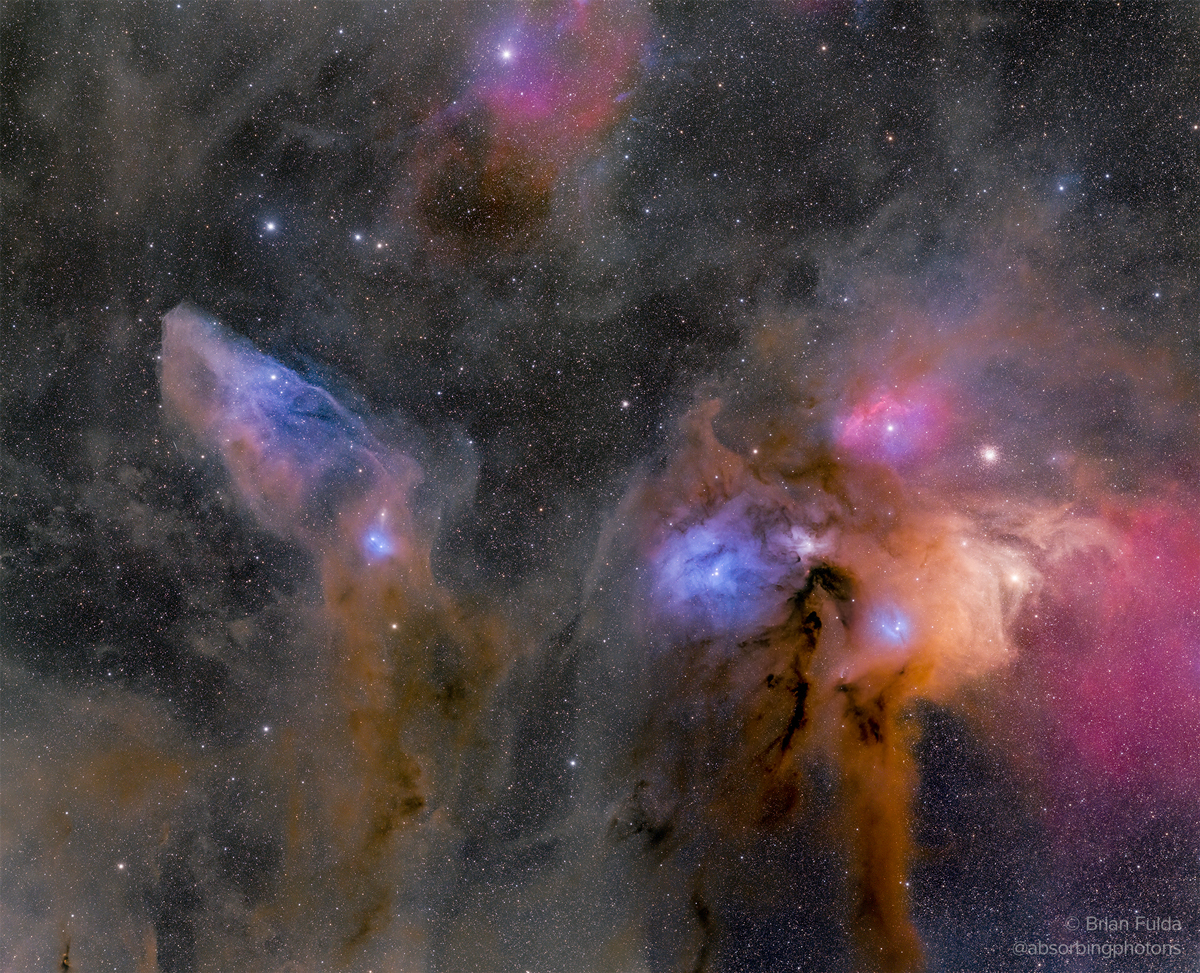 The Rho Ophiuchi Nebula complex by Brian Fulda. Taken with a ZWO ASI2600MC Pro cooled OSC camera, a Rokinon 135mm f/2 Lens (stopped down to f/4), and SkyWatcher USA EQ6-R Pro mount