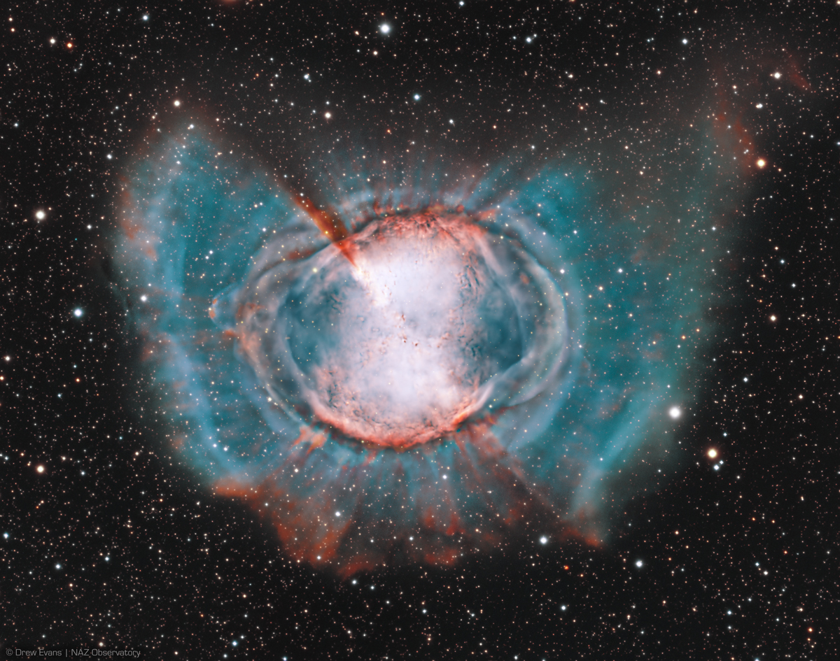 Messier 27 (M27) - The Dumbell Nebula by Drew Evans. Taken with a ZWO ASI2600MM Pro camera, a Sharpstar SCA260 telescope, and an iOptron CEM120 mount