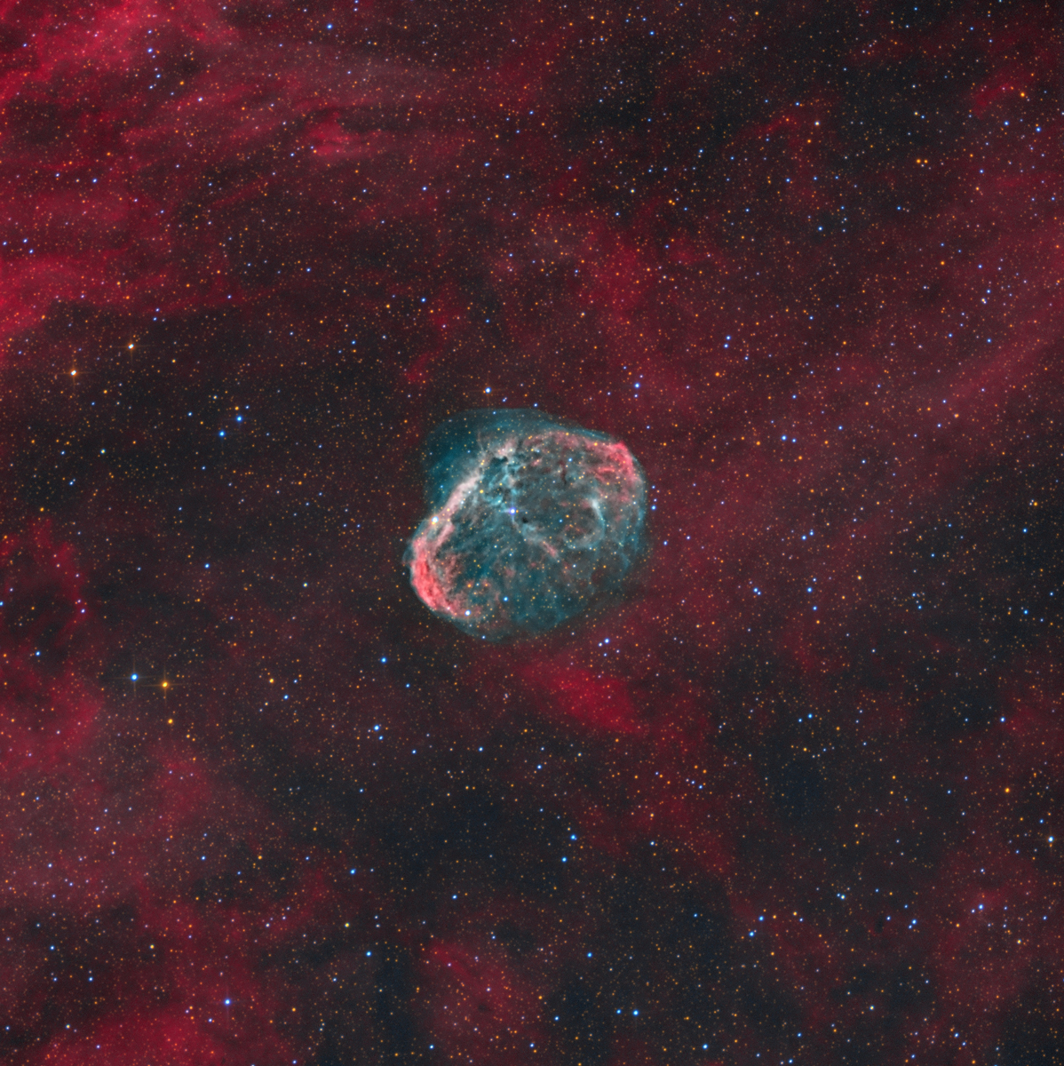 NGC 6888 - The Crescent Nebula, by Kat Miller. Taken with a ZWO ASI 533MM Pro cooled astronomy camera, a Sky-Watcher Quattro 150P reflector telescope, and a Saxon NEQ6 Pro mount.