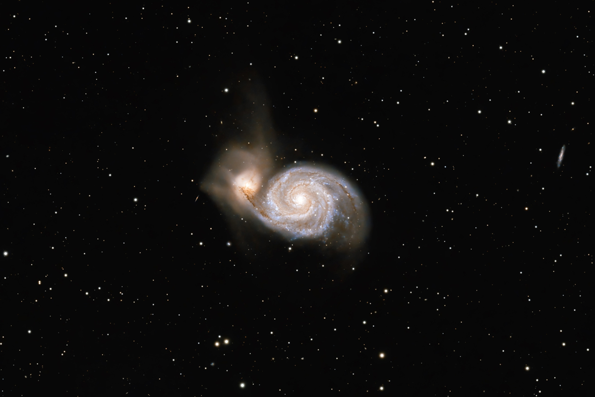 Messier 51 (M51) - Whirlpool Galaxy by Isaac Garfinkle. Taken with a ZWO ASI 2600MC Pro cooled astronomy camera, a Stellarvue SVX140T refractor telescope, and a Pegasus Astro NYX-101 v2 mount.