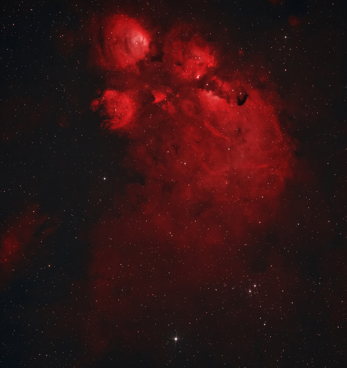NGC 6334 - Cat's Paw Nebula, by Kat Miller. Taken with a ZWO ASI 533MM Pro cooled astronomy camera, a Sky-Watcher Quattro 150P reflector telescope, and a SkyWatcher Wave 100i mount.