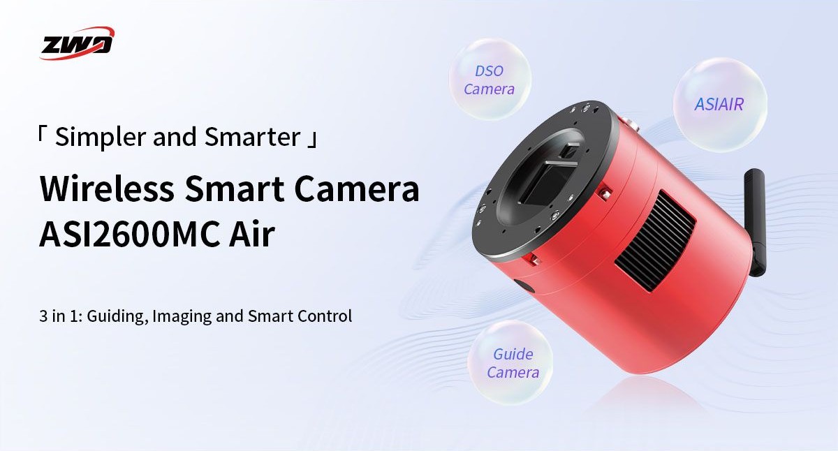 ZWO ASI2600MC Air main hero image with title and description. Front view of main sensory, guide sensor, and WiFi antenna.