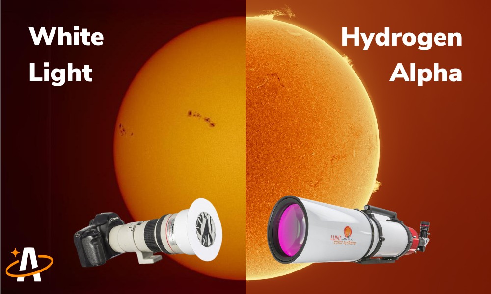 A comparison image showing the difference between white light vs. hydrogen alpha solar filters