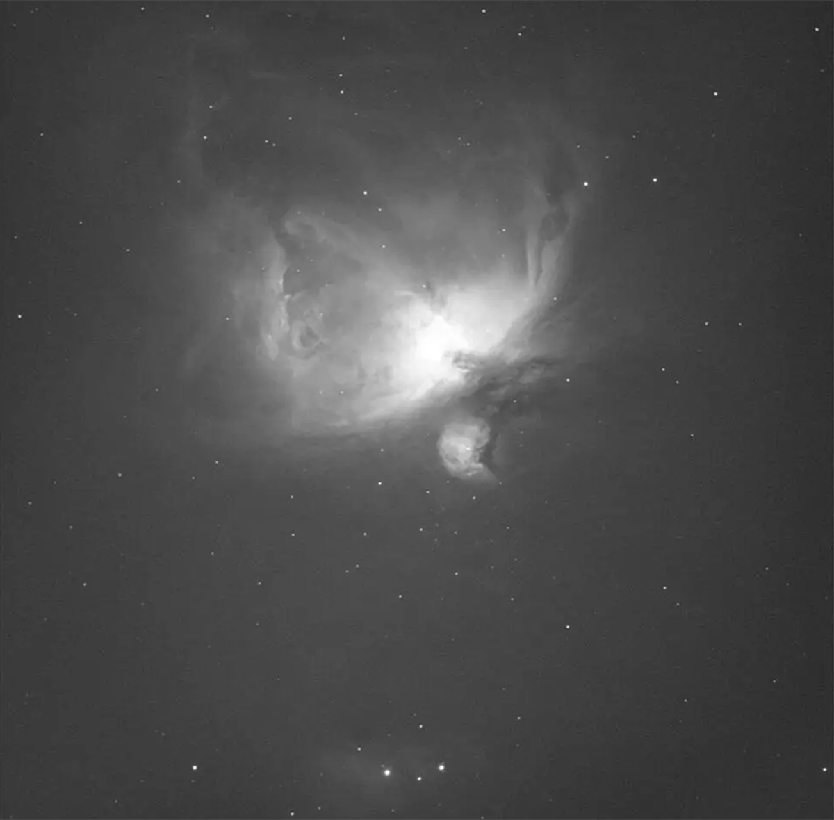 A high-contrast greyscale image of the Orion Nebula (M42) captured with the ZWO ASI533. The image reveals intricate wisps of gas and dust illuminated by young, bright stars at the nebula’s core.