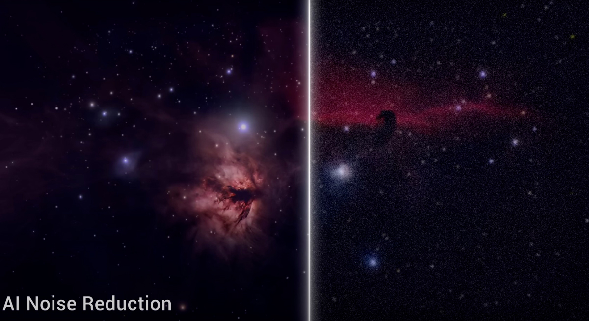The ZWO Seestar S30 AI noise reduction example shown is the horse head nebula before and after, one image is smooth one image is grainy.