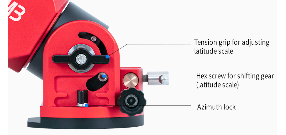 The ZWO AM3 and latitude bolt placement and locking knobs.