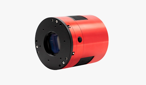 Image of the ZWO ASI2600MC-Pro cooled astronomy camera, displaying the IMX571 sensor, the front tilt adjustment plate, and the heat sinks on the TEC cooling.