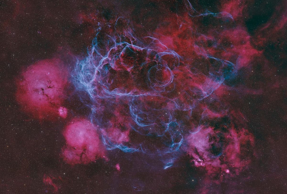 Vela Supernova Remnant - Taken by Astrobin.com user Malcolm Park, using a ZWO ASI2600MC-DUO and a Rokinon 135mm f/2.0 ED UMC lens.