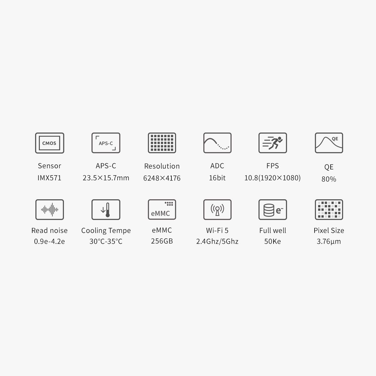 Technical specs for the ZWOASI2600MC Air with thumbnail graphics