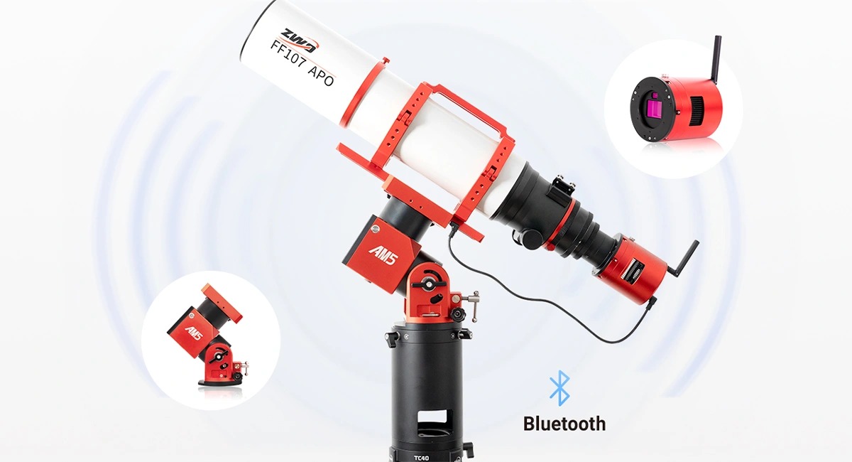 Dual band wifi and bluetooth graphic, including a ZWOASI2600MC Air, a ZWO ASI AM5N mount, and a ZWO ASIFE107 refractor