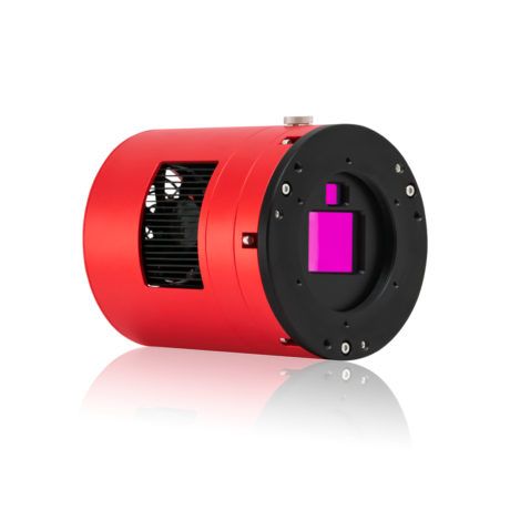 Main image of the ZWO ASI2600MC-Duo showing both the sensor windows for both the IMX571 and the SC2210 guide sensor, as well the TEC cooling mechanism, and the tilt plate adapter on the front of the camera.
