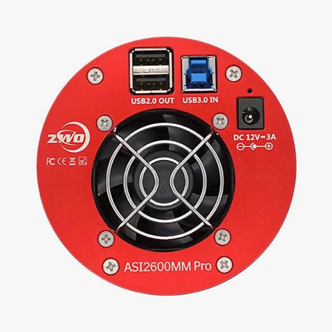 Back view of the ZWO ASI2600MM Pro monochrome astrophotography camera showing the built-in cooling fan, power ports and USB ports.