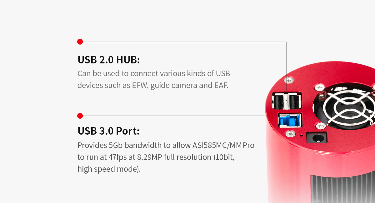 Alt Text - An image of the rear of the ZWO ASI585MM Pro cooled astronomy camera that highlights the USB 2.0 and USB 3.0 ports, including descriptions of their intended connections. This image also shows the fan and cooling vents of the TEC cooling system