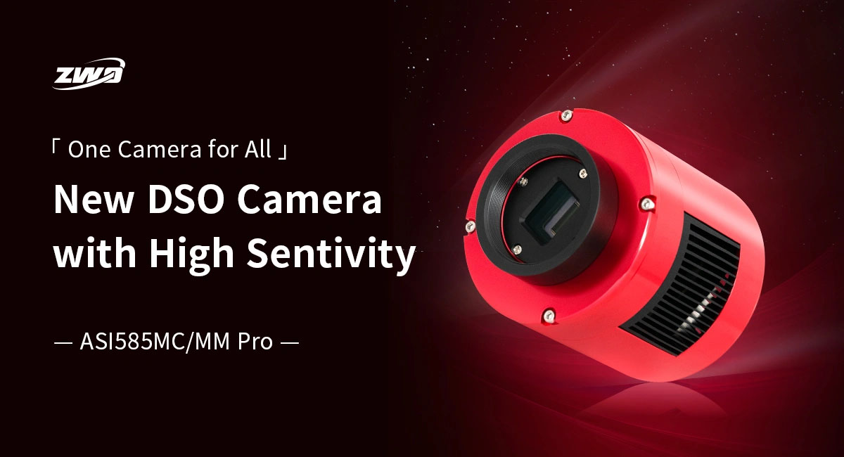Main header image showing the ZWO ASI585MM-Pro , including the front panel of the camera, a small section of the IMX585 STARVIS 2 sensor, and a ventilation panel from the thermo-electric cooler (TEC)