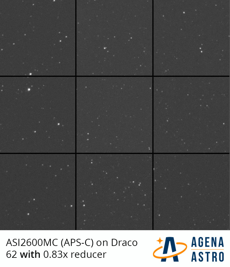 Corner performance of stars with an APS-C sensor on the Draco 62 telescope with the 0.83x reducer