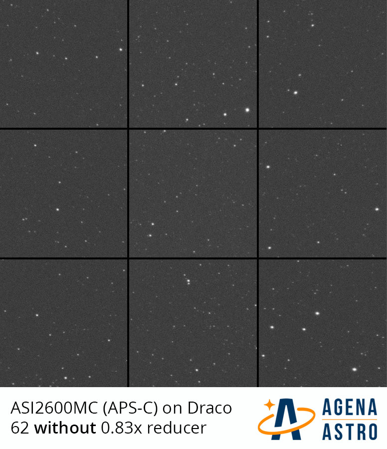 Corner performance of stars with an APS-C sensor on the Draco 62 telescope without the 0.83x reducer