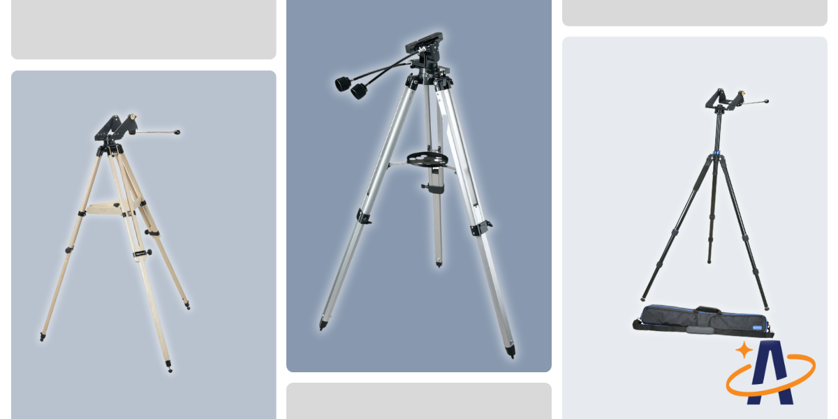 ThreeAlt-Az tripods, wooden and metal structures with an attached head that has two arms extended. The arms are used to move the head.