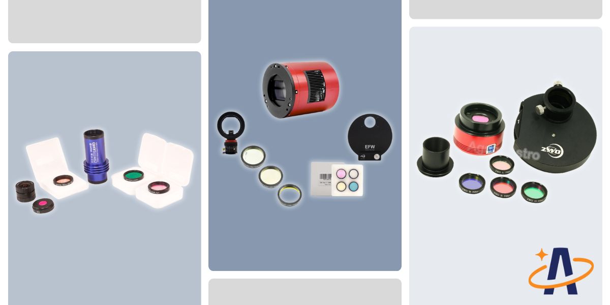 Different types of astronomy cameras and filter wheels and filters.
