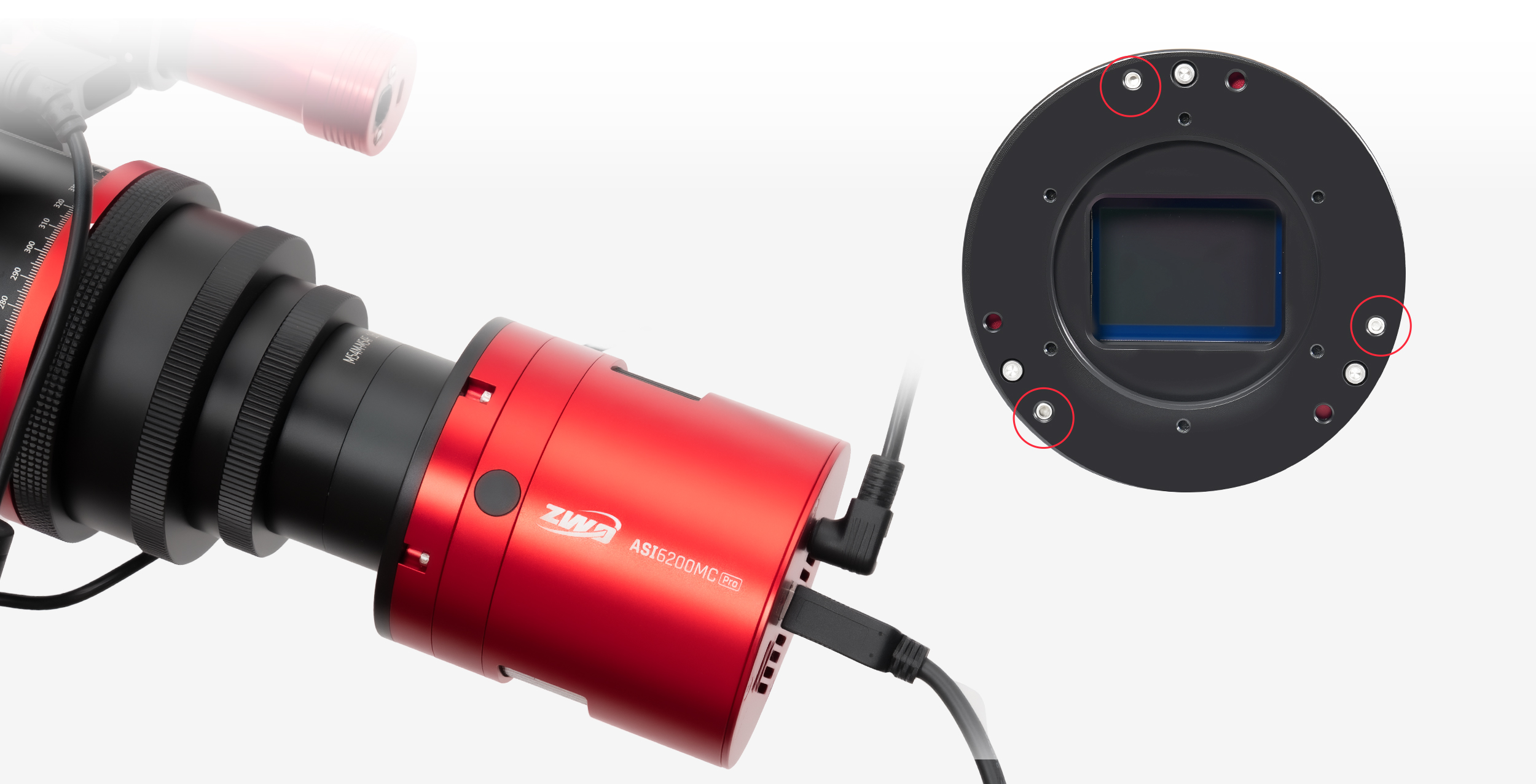 The ASI6200MC attached to a camera, next to it is an open face camera revealing the sensor and tilt screws.