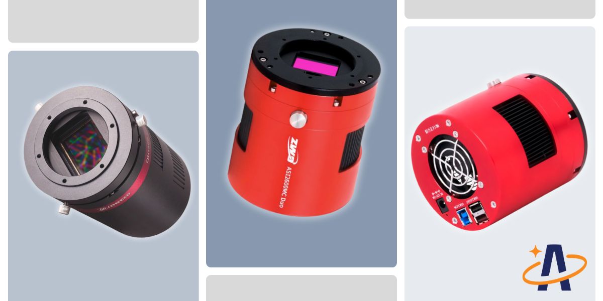 Three astrophotography cameras, two are red and one is black, they are cylandrical with no buttons. There are some electrical ports on the back and a fan. They have a sensor on the front.