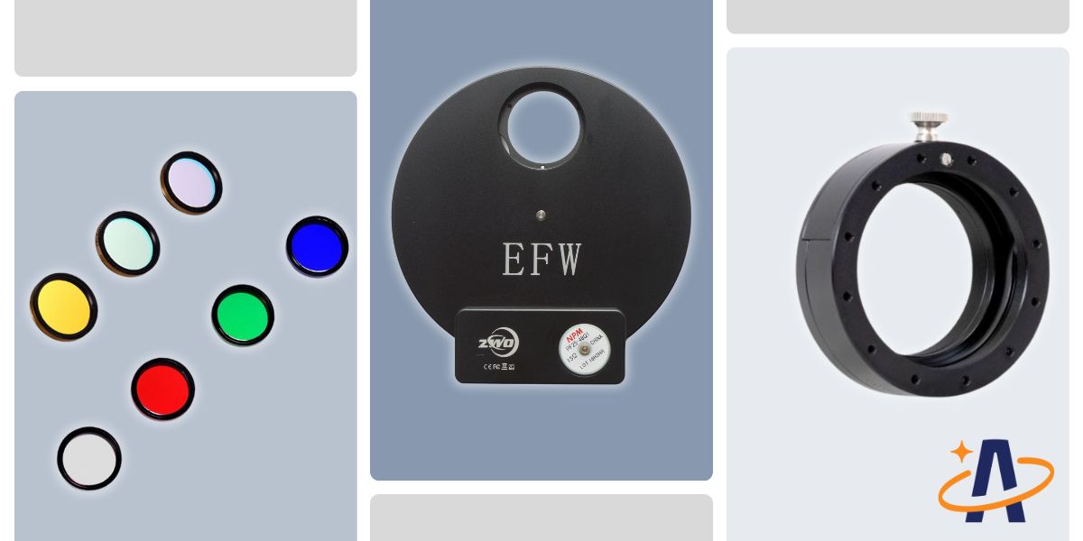 A set of RGB and SHO filters next to a filter wheel and filter draw