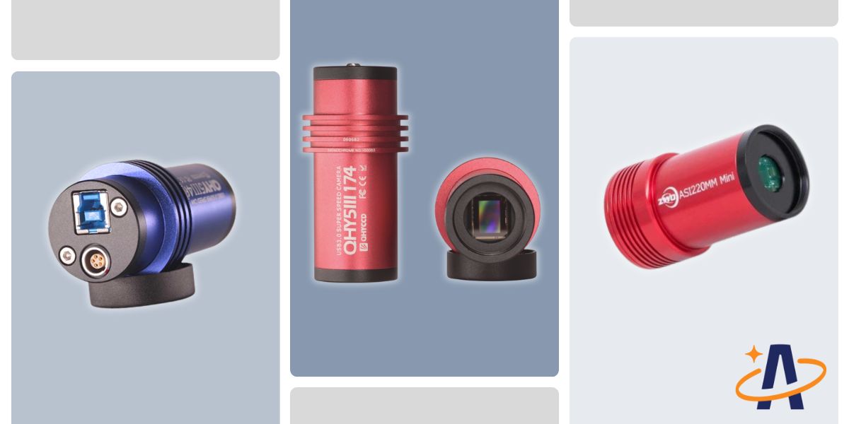 Three guide cameras cameras, two are red and one is blue, they are cylandrical with no buttons. There are some electrical ports on the back and a fan. They have a sensor on the front.