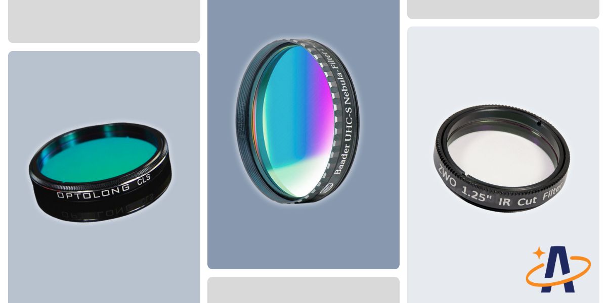 Optolong light pollution filter shows a black ring with a tinted green glass, Badder light pollution filter is in the centre it has a black ring and tinted glass, ZWO IR Cut filter is on the edge and it has clear glass inside a black ring.