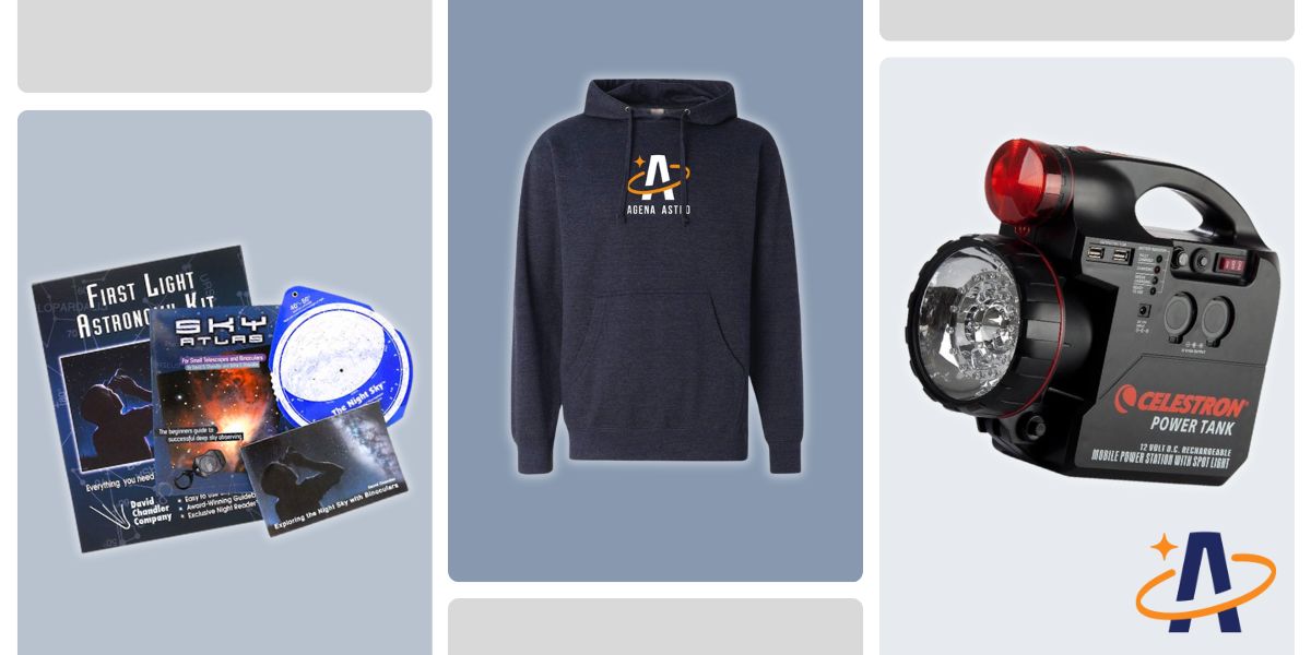 Astronomy books, Agena Astro hoodie, A battery pack.