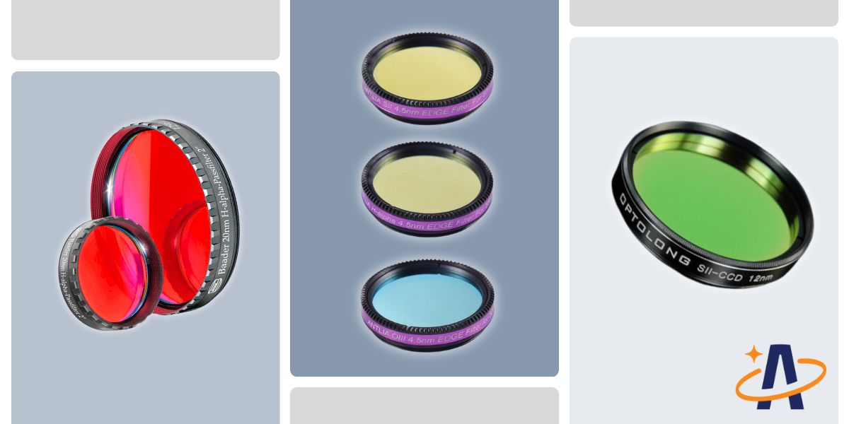 A red colored Baader filter to one side, in the centre is three Antlia filters for Sulpher, H-Alpha and Oxygen imaging, on the end is a green filter