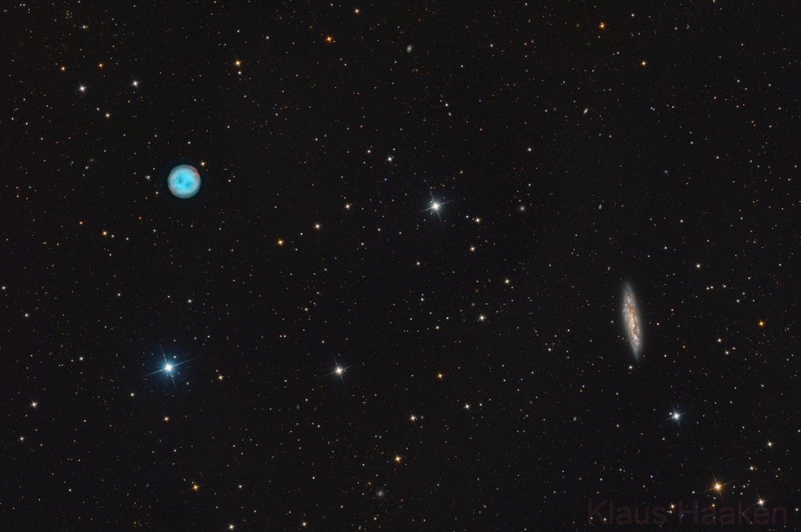 The Owl Nebula (M97), a round planetary nebula with two distinct dark “eye” spots giving it an owl-like appearance, shown next to the Surfboard Galaxy (M108), a spiral galaxy seen edge-on with a bright core and elongated shape, both captured clearly again