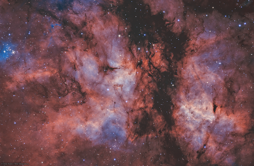 IC 1318 - glowing orange and pink emission clouds divided by dark dust lanes, surrounded by a field of blue stars.