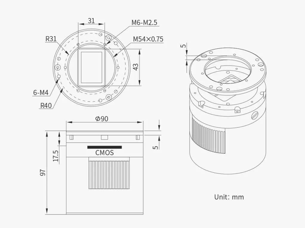 A diagram of the ASI6200MM's threads and space between the outer body and the camera's CMOS sensor.