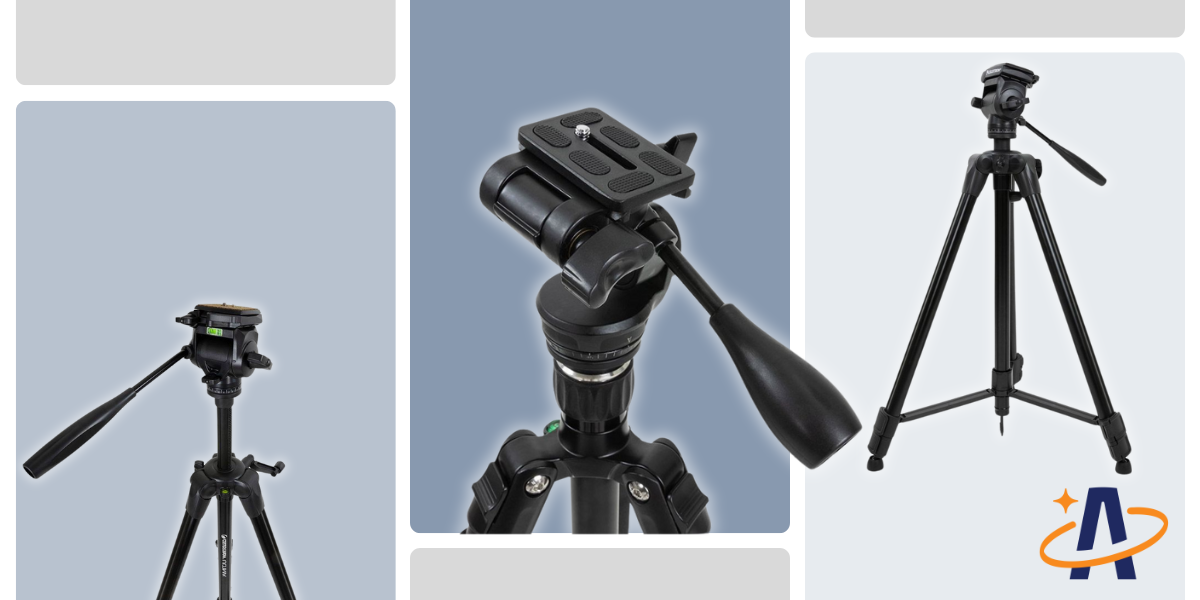 Three pan and tilt tripods, black metal structures with an attached head that has an arm extended. The arm is used to move the head.