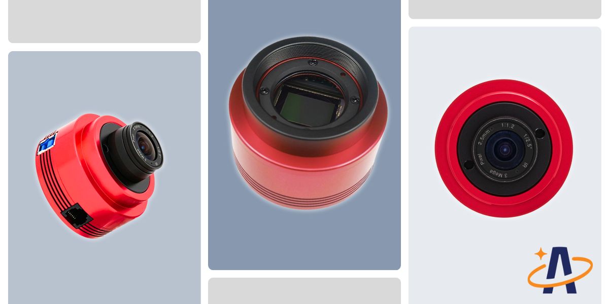 Three red short cylandrical cameras with small sensors in the front and ports for connecting devices and vents on the side.