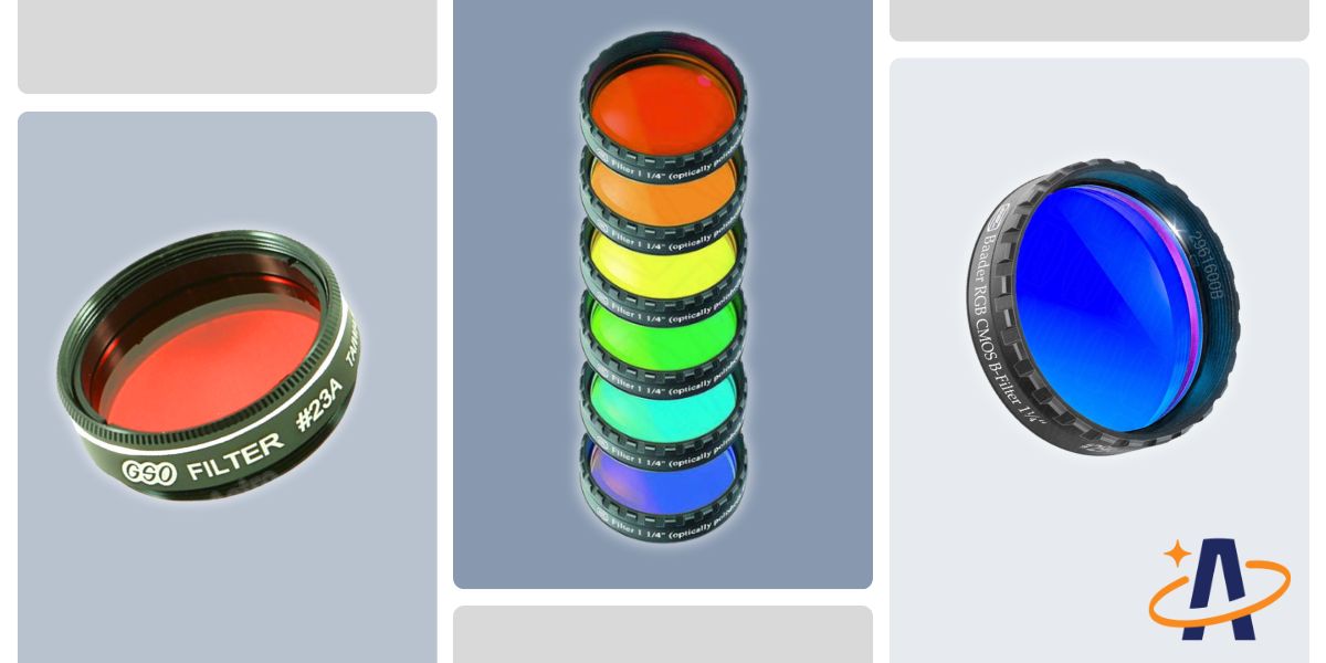 A GSO filter with red glass encased in a black ring, next to a stack of colour filters red, orange, yellow, green, blue and purple in color, on the end is a blue Baader filter.