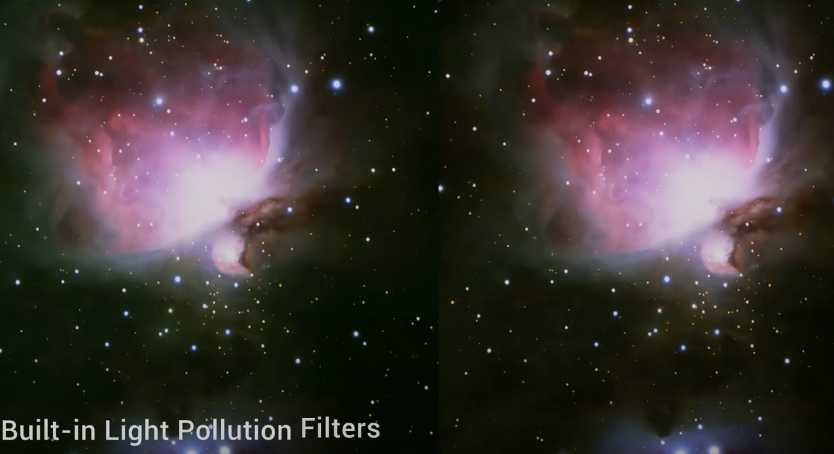 The ZWO Seestar S30 includes built in filters, the example shown shows the orion nebula with and without a light pollution filter.
