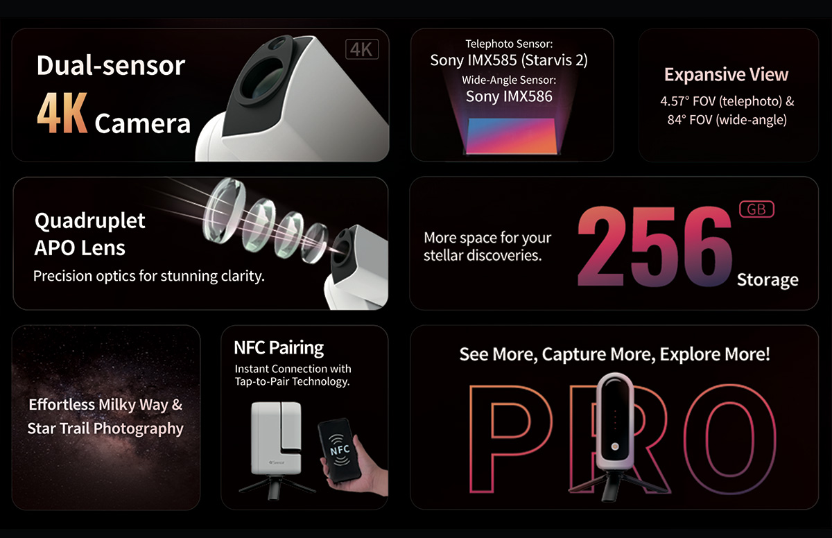Full list of Seestar S30 smart telescope features, including shooting modes, dual lens setup, automatic object alignment, and more