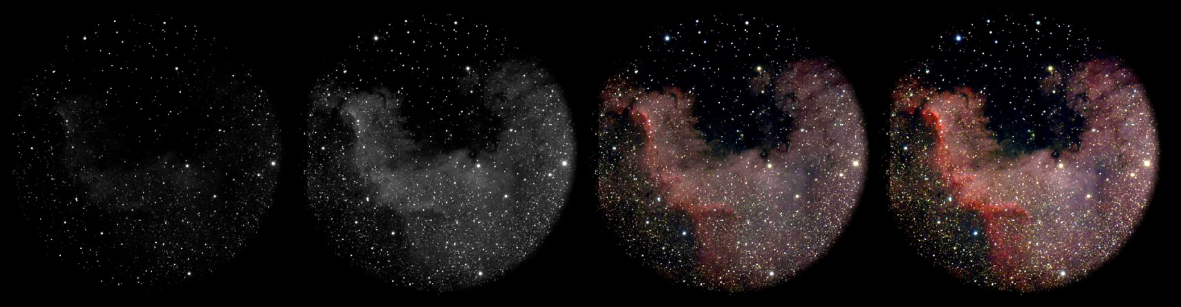 Set of 4 images. The first is faint, black and white with some stars, the second reveals a little more detail, the third is colored and has alot of detaila and the final image is colored with the most detail. 