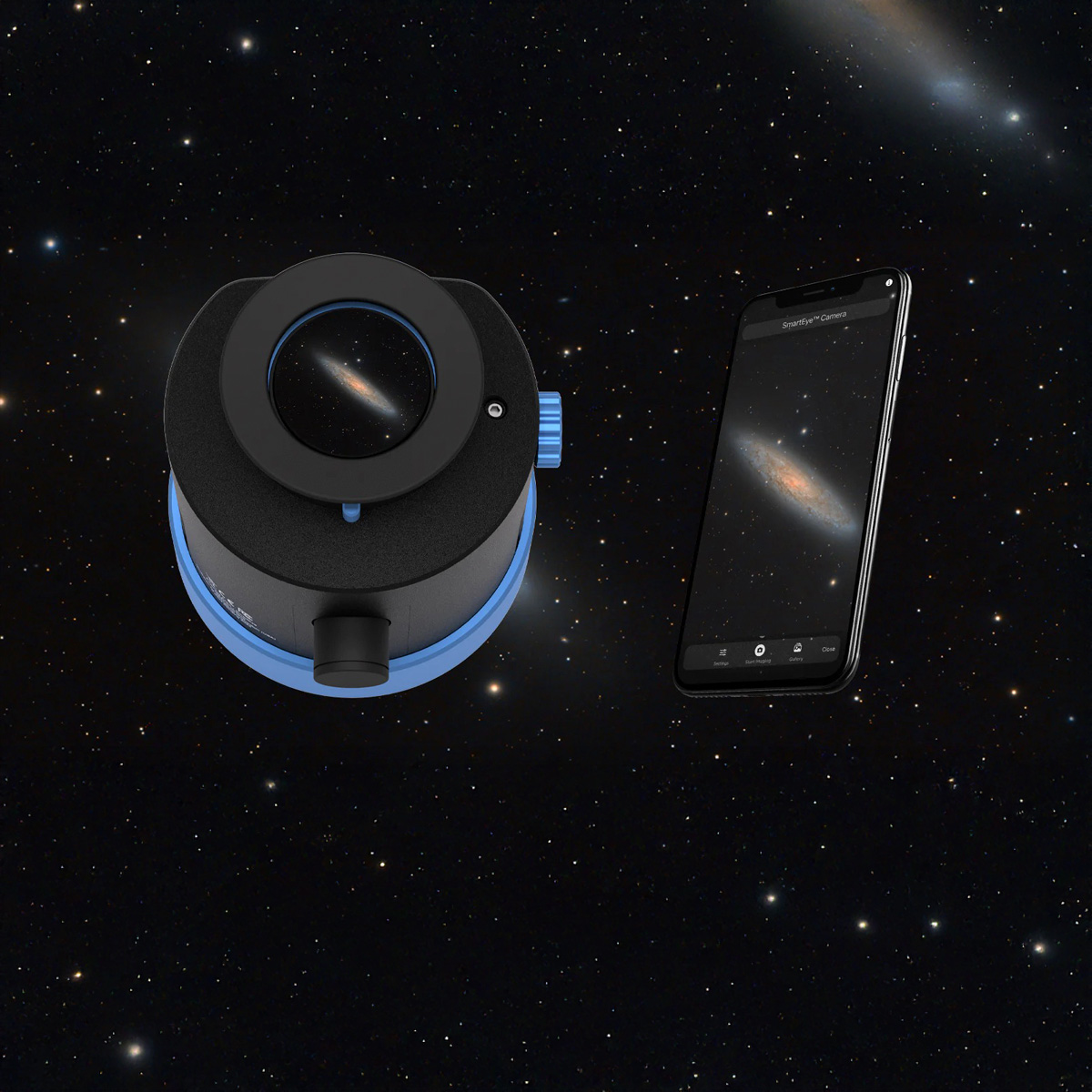 The SmartEye next to a mobile phone on a starry background.