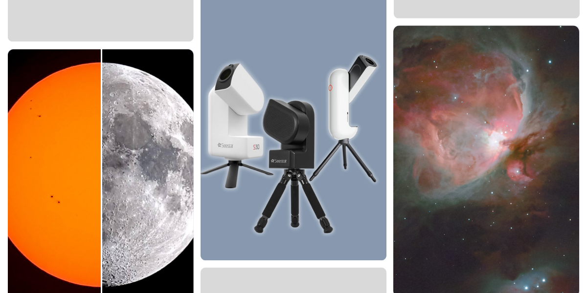 three image layout with a composite of the sun next to the moon split in half and side by side, then three smart telescopes are in the centre and the orion nebula on the end.