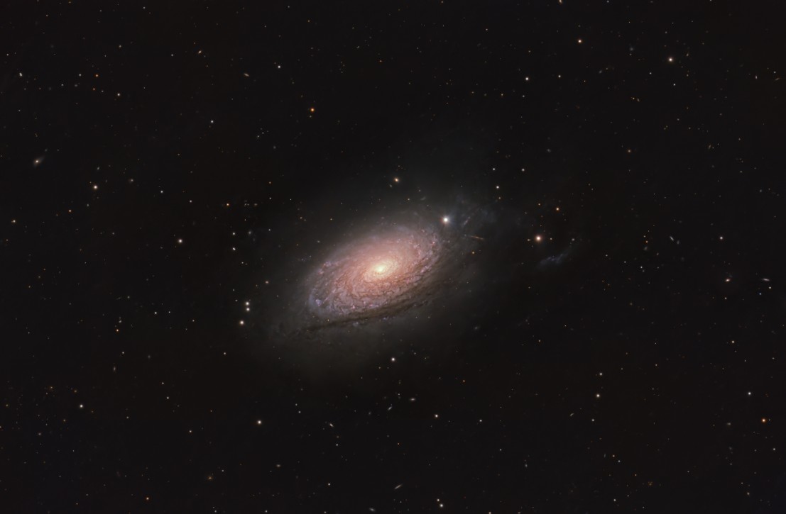 The Sunflower Galaxy (M63), a spiral galaxy with bright, tightly wound arms dotted with star-forming regions and dust lanes, creating a radiant, sunflower-like pattern around its glowing core, captured in vibrant detail.