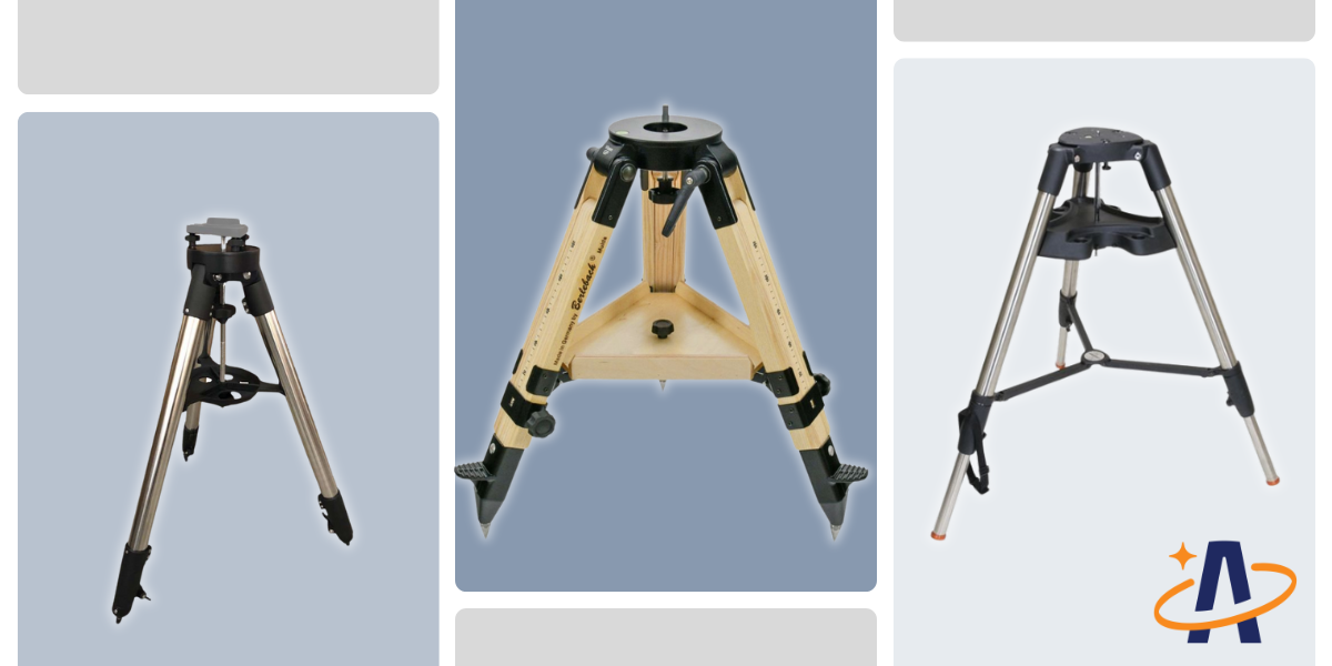 Three telescope tripods, wooden and metal structures with three legs. The top of the tripod is flat, with a screw sticking out for mount attachment.