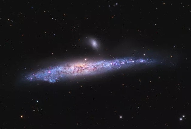 The Whale Galaxy (NGC 4631), a barred spiral galaxy with a bright, elongated core and sweeping spiral arms resembling the shape of a whale, surrounded by faint tidal streams.