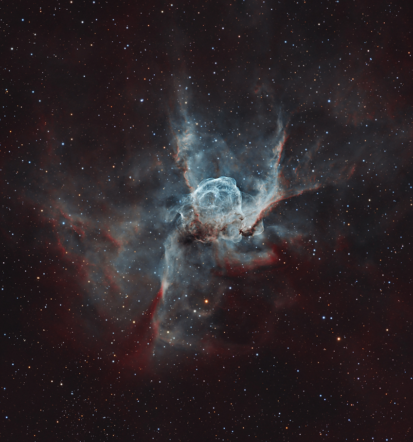 Thor’s Helmet nebula, a glowing, complex cloud of colorful gas and dust with bright arcs and filamentary structures resembling a Viking helmet, captured in vivid detail by astrophotographer Tommy Lease.