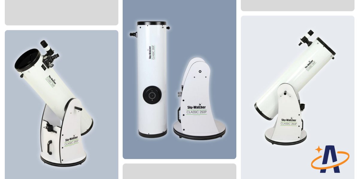 Three traditional Dobsonianfrom Sky-Watcher. White optical tubes on a white swivel base.