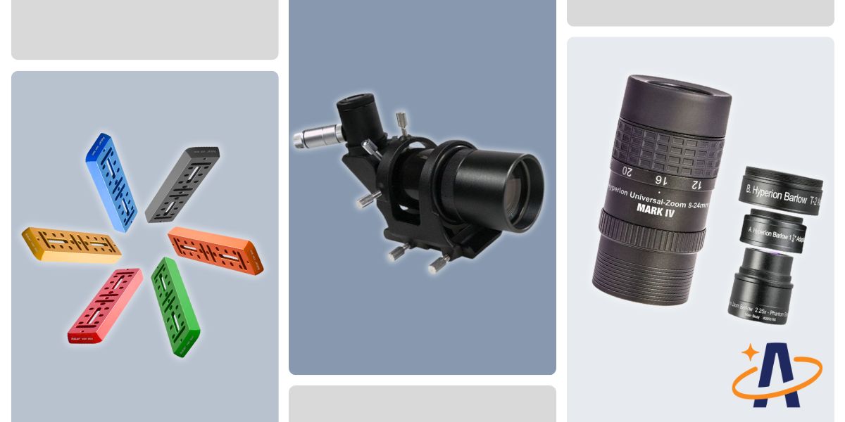 Multiple vixon style dovetails in various colors, a finder scope, a barlow lens.