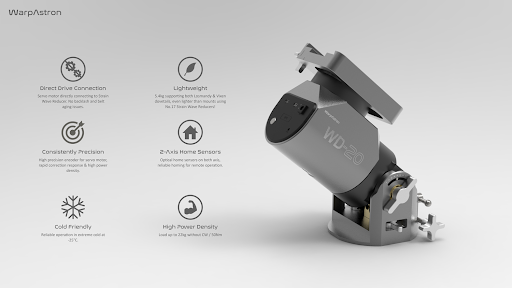 Side profile shot of the WarpAstron WD-20 along with 6 specifications about what makes it such an effective mount.